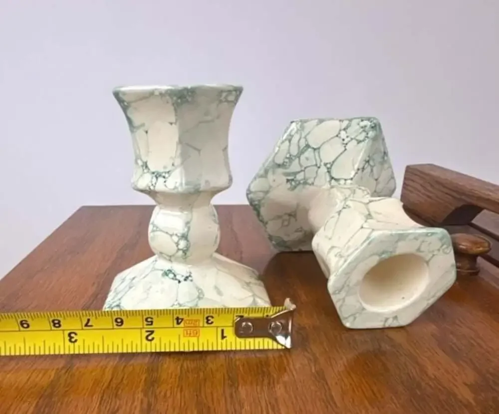 Vintage Partylite Green and White Marbled Ceramic CandleHolders, Pair